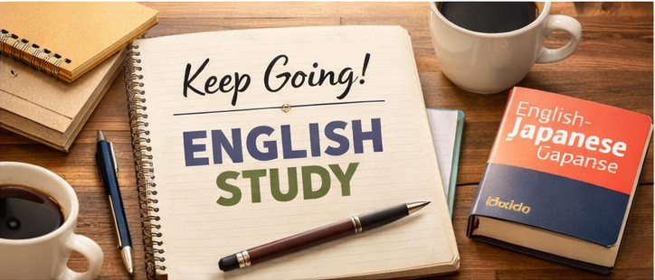 英語学習ログ用の机上風景、ノートとペンとコーヒー