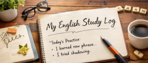 英語学習ログ用の机上風景、ノートとペンとコーヒー